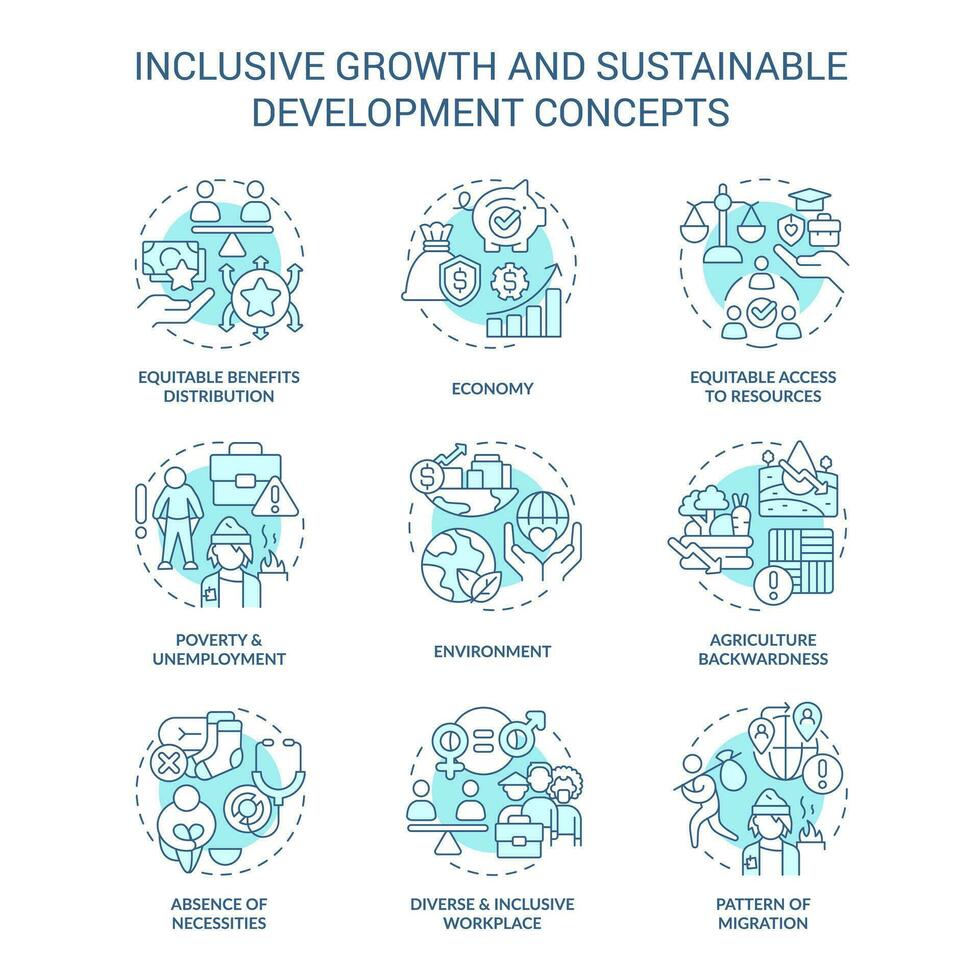 inclusief groei en duurzame ontwikkeling turkoois concept pictogrammen set. eerlijk economie idee dun lijn kleur illustraties. geïsoleerd symbolen. bewerkbare beroerte vector