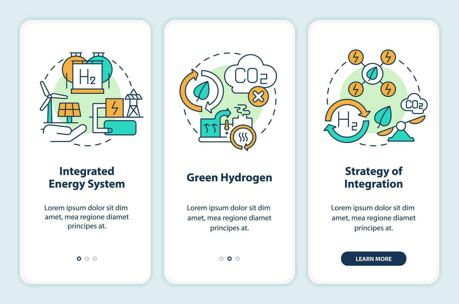 hernieuwbaar waterstof onboarding mobiel app scherm. schoon energie walkthrough 3 stappen bewerkbare grafisch instructies met lineair concepten. ui, ux, gui sjabloon vector