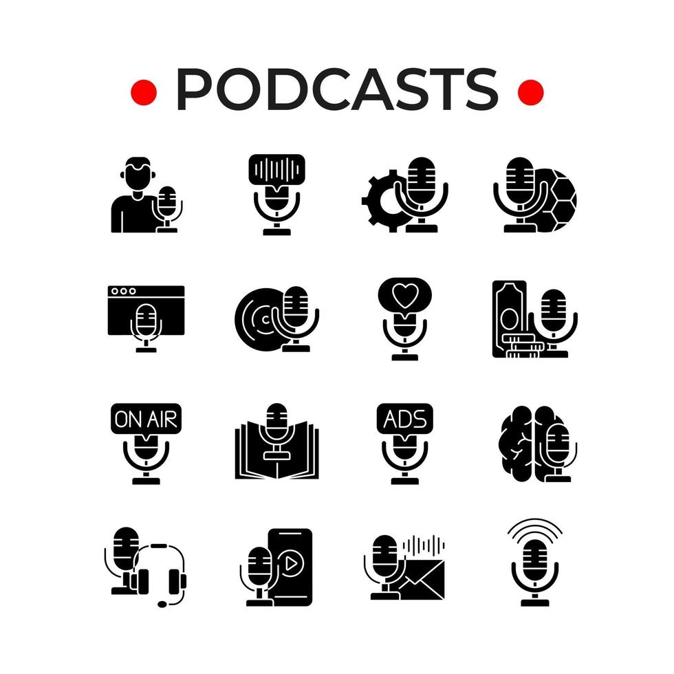 podcast glyph pictogrammen instellen vector