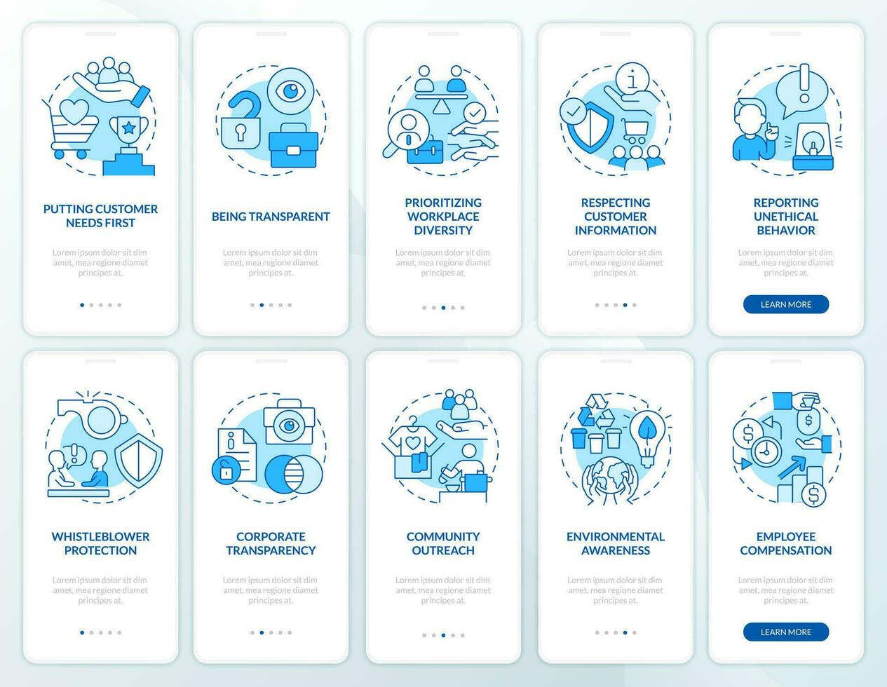 Moreel normen naar bedrijf blauw onboarding mobiel app scherm set. walkthrough 5 stappen bewerkbare grafisch instructies met lineair concepten. ui, ux, gui sjabloon vector