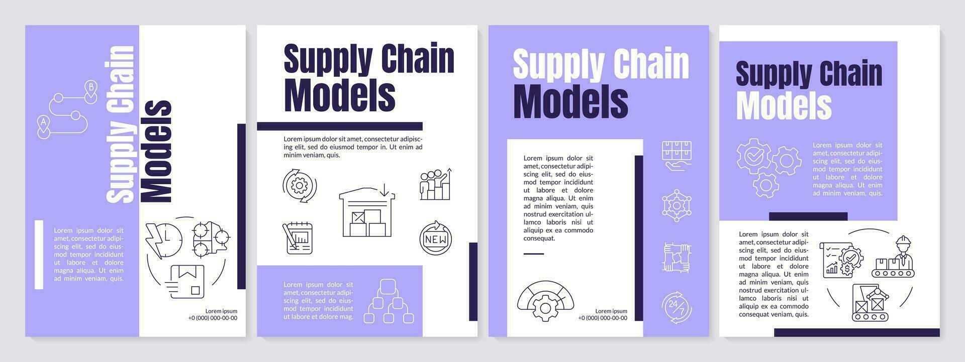 modellen van levering keten Purper brochure sjabloon. bedrijf. brochure ontwerp met lineair pictogrammen. bewerkbare 4 vector indelingen voor presentatie, jaar- rapporten