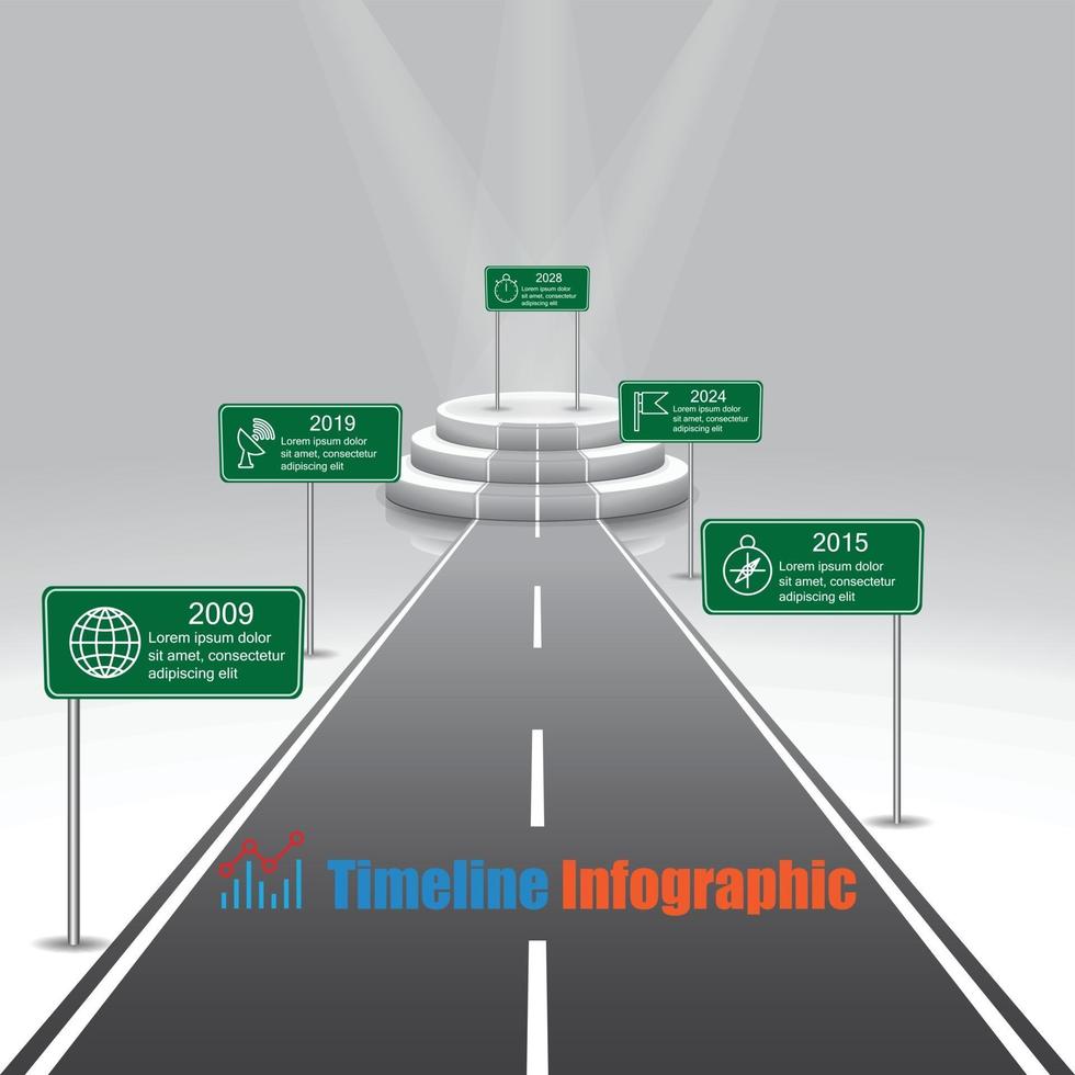 ontwerpsjabloon, verlichte 3d tijdlijn infographic leeg podium en weg voor beloning met lichtstraal schijnt naar beneden vector