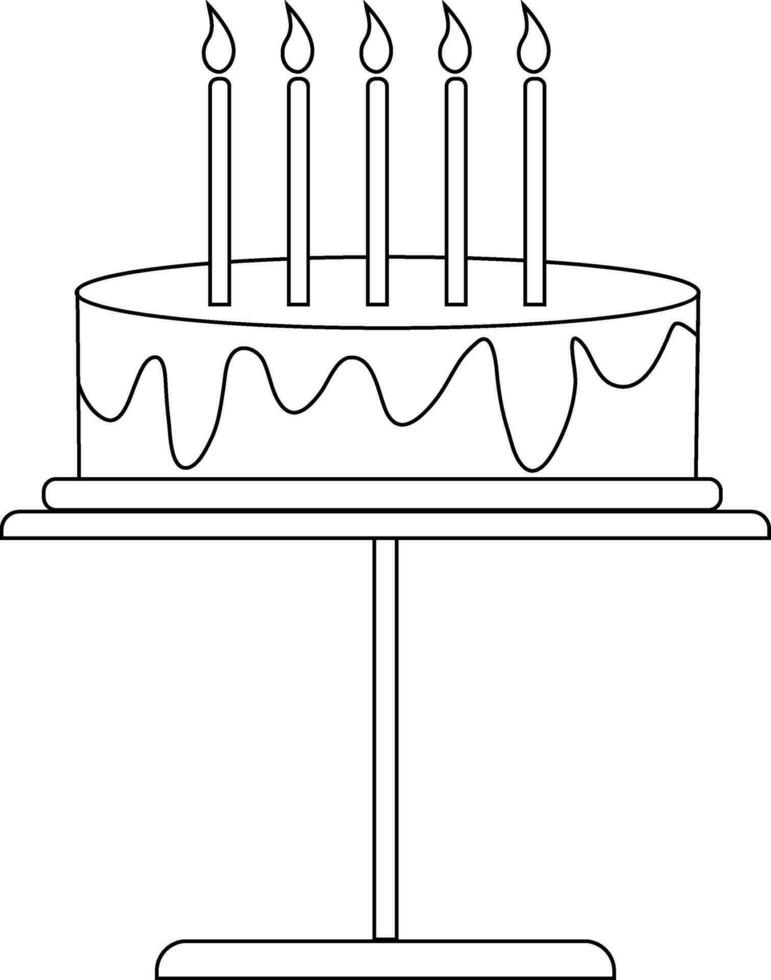 zwart lijn kunst versierd taart met brandend kaarsen. vector