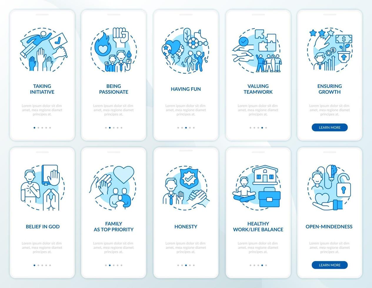 bedrijfsmoraal onboarding mobiele app-paginascherm met ingestelde concepten vector