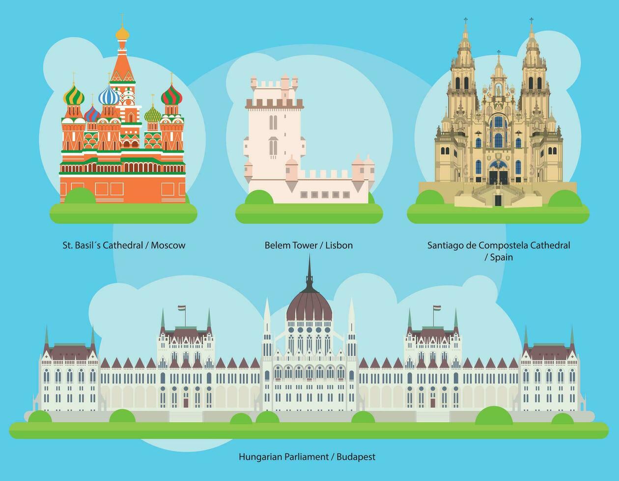 vector illustratie van monumenten en oriëntatiepunten in Europa reeks 2. st basils kathedraal - Moskou, belem toren - Lissabon, Santiago de compostela kathedraal - Spanje, en Hongaars parlement - Boedapest.