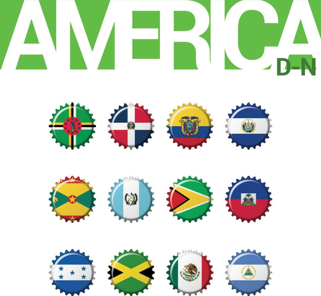 reeks van 12 flesdop vlaggen van Amerika. reeks 2 van 3. vector illustratie. dominica, dominicaans vertegenwoordiger, Ecuador, el salvador, grenada, Guatemala, Guyana, Haïti, Honduras, Jamaica, Mexico, Nicaragua.