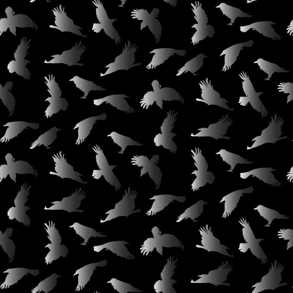 vector naadloos patroon met vliegend helling kraaien Aan een zwart achtergrond. mystiek achtergrond met vogelstand in de halloween thema. grijs tinten van vogels, voor het drukken Aan textiel en papier