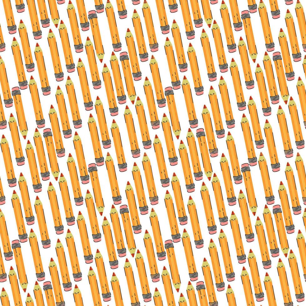een patroon van geel potloden verspreide Aan een wit achtergrond. Rechtdoor kort geel potlood. terugkeer naar school, de concept van leraar dag. hand getekend vector illustratie. plein naadloos patroon