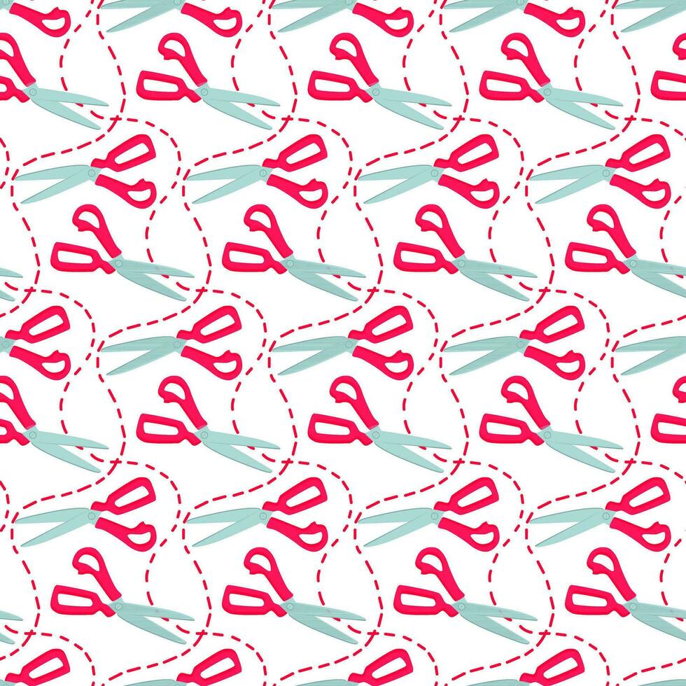 een patroon van gekleurde roze naaien schaar met een contour voor snijden. model- van schaar. vector illustratie. het drukken Aan textiel en papier, naadloos Aan een wit achtergrond