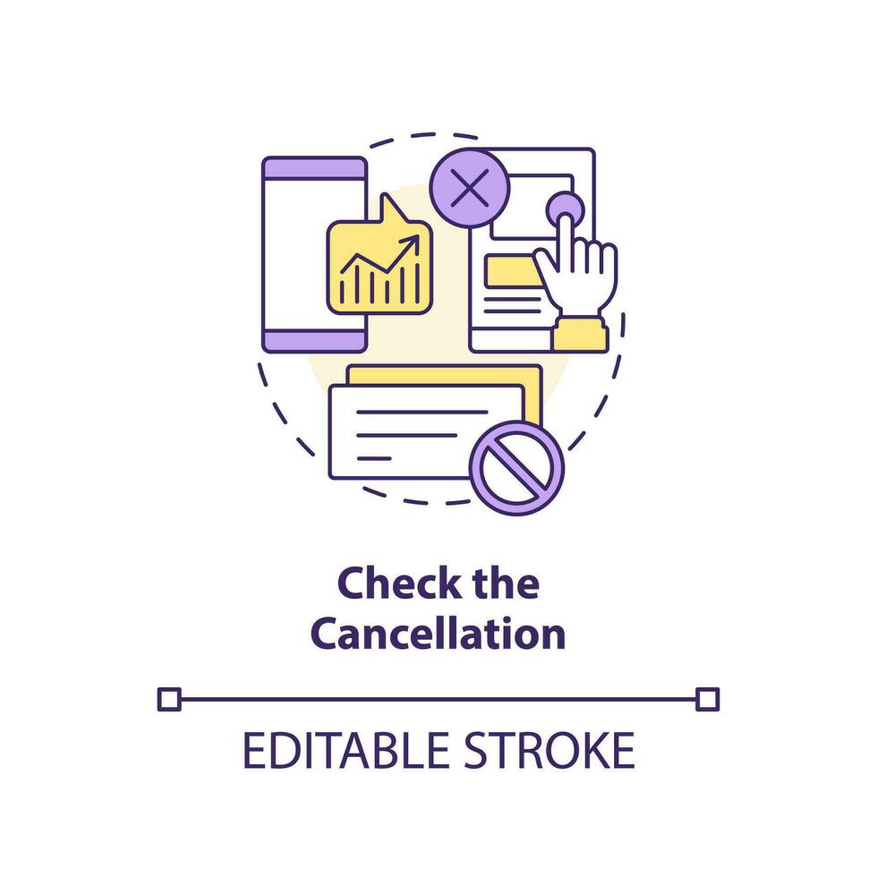 controleren annulering concept icoon. controle transacties via app. online investeren abstract idee dun lijn illustratie. geïsoleerd schets tekening. bewerkbare beroerte vector