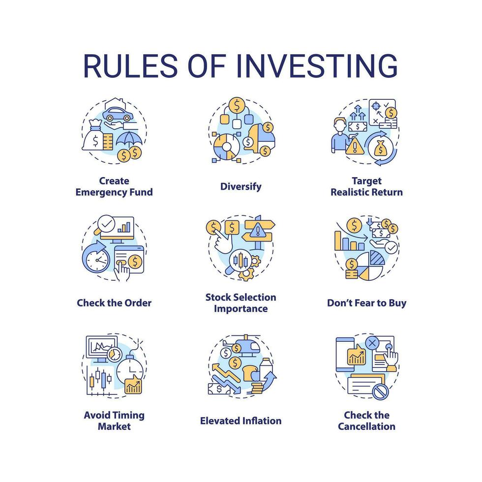 reglement van investeren concept pictogrammen set. geld beheer. financieel processen idee dun lijn kleur illustraties. geïsoleerd symbolen. bewerkbare beroerte vector