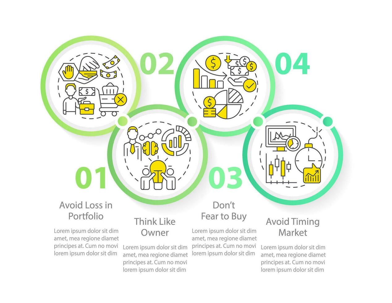 investering tips cirkel infographic sjabloon. handelaar reglement. gegevens visualisatie met 4 stappen. bewerkbare tijdlijn info grafiek. workflow lay-out met lijn pictogrammen vector