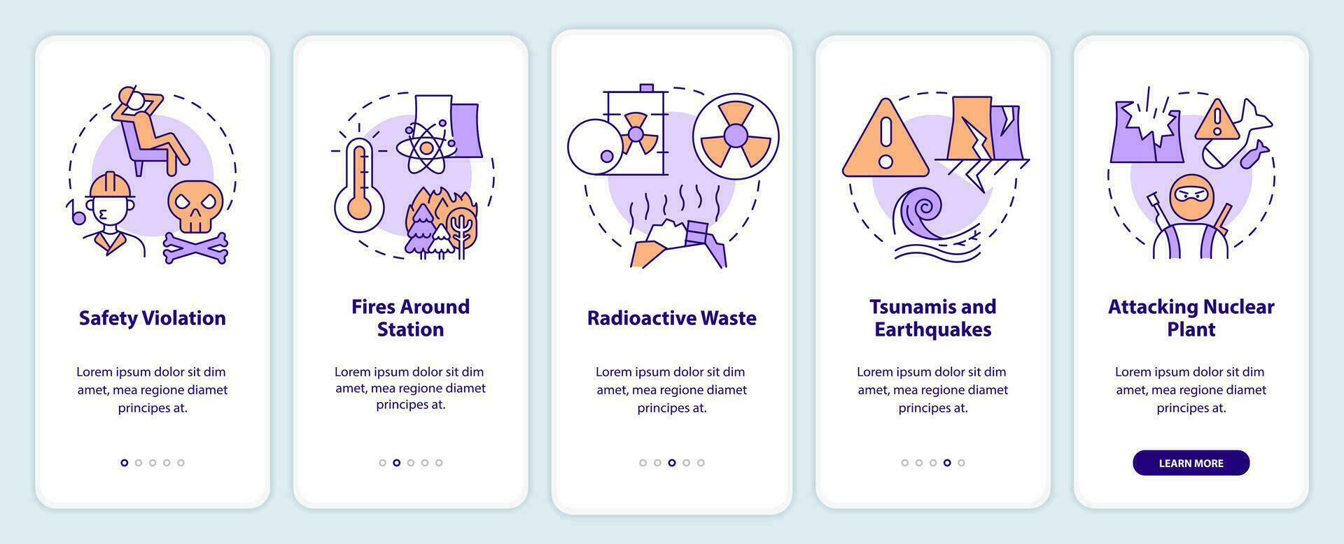 nucleair ongeluk oorzaken onboarding mobiel app scherm. ramp walkthrough 5 stappen bewerkbare grafisch instructies met lineair concepten. ui, ux, gui sjabloon vector