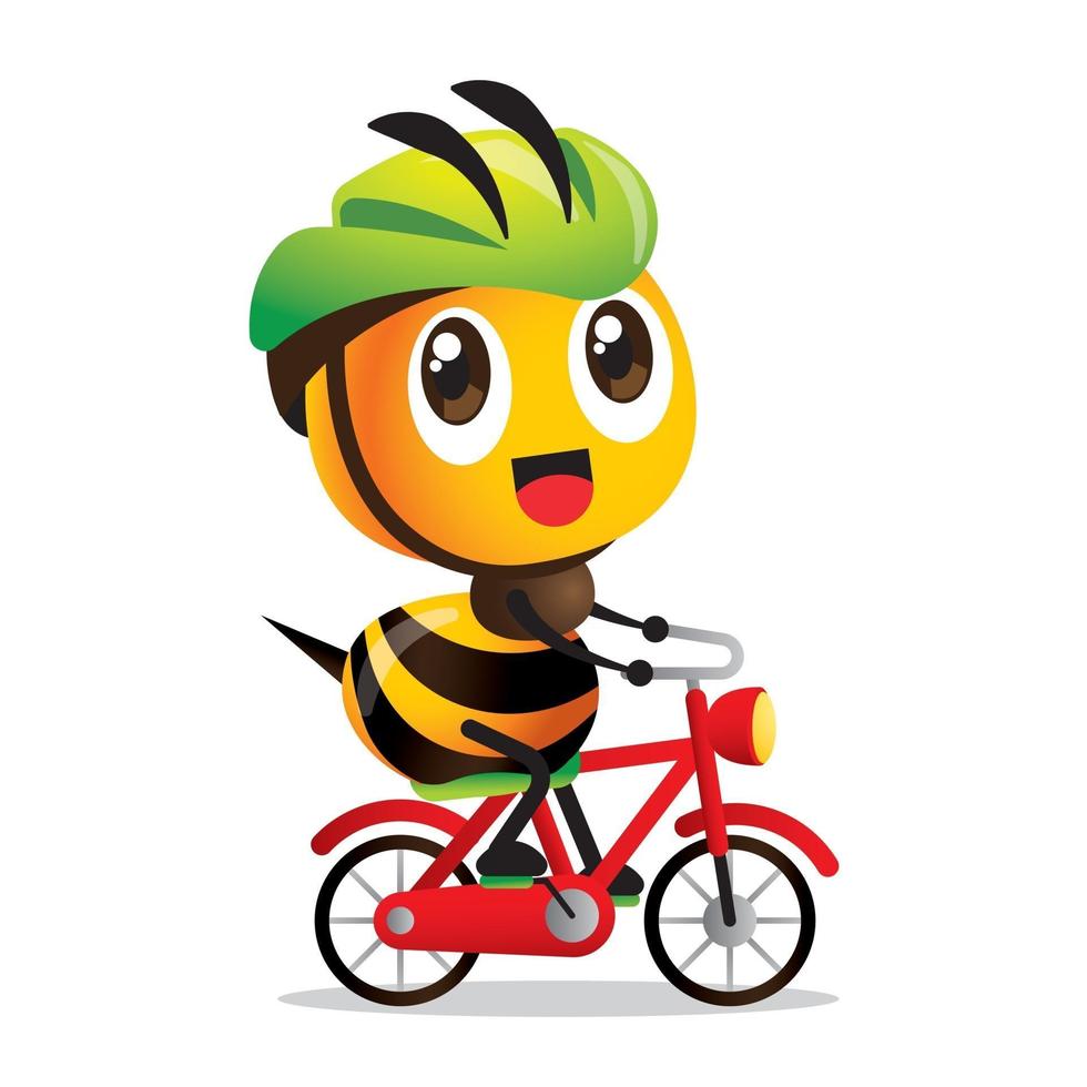 cartoon schattige happy bee fietsen op rode fiets met groene veiligheidshelm vector mascotte