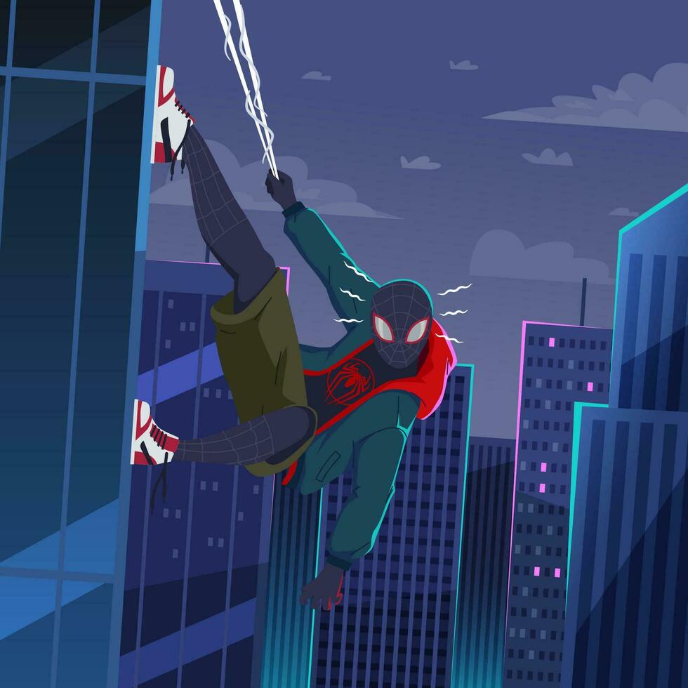 een Mens met een spin web masker hangende over- de gebouw vector
