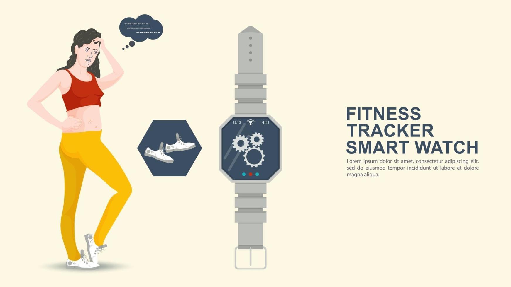 iconografie voor plat ontwerp ontwerp meisje in een trainingspak naast een fitnesstracker klok vector