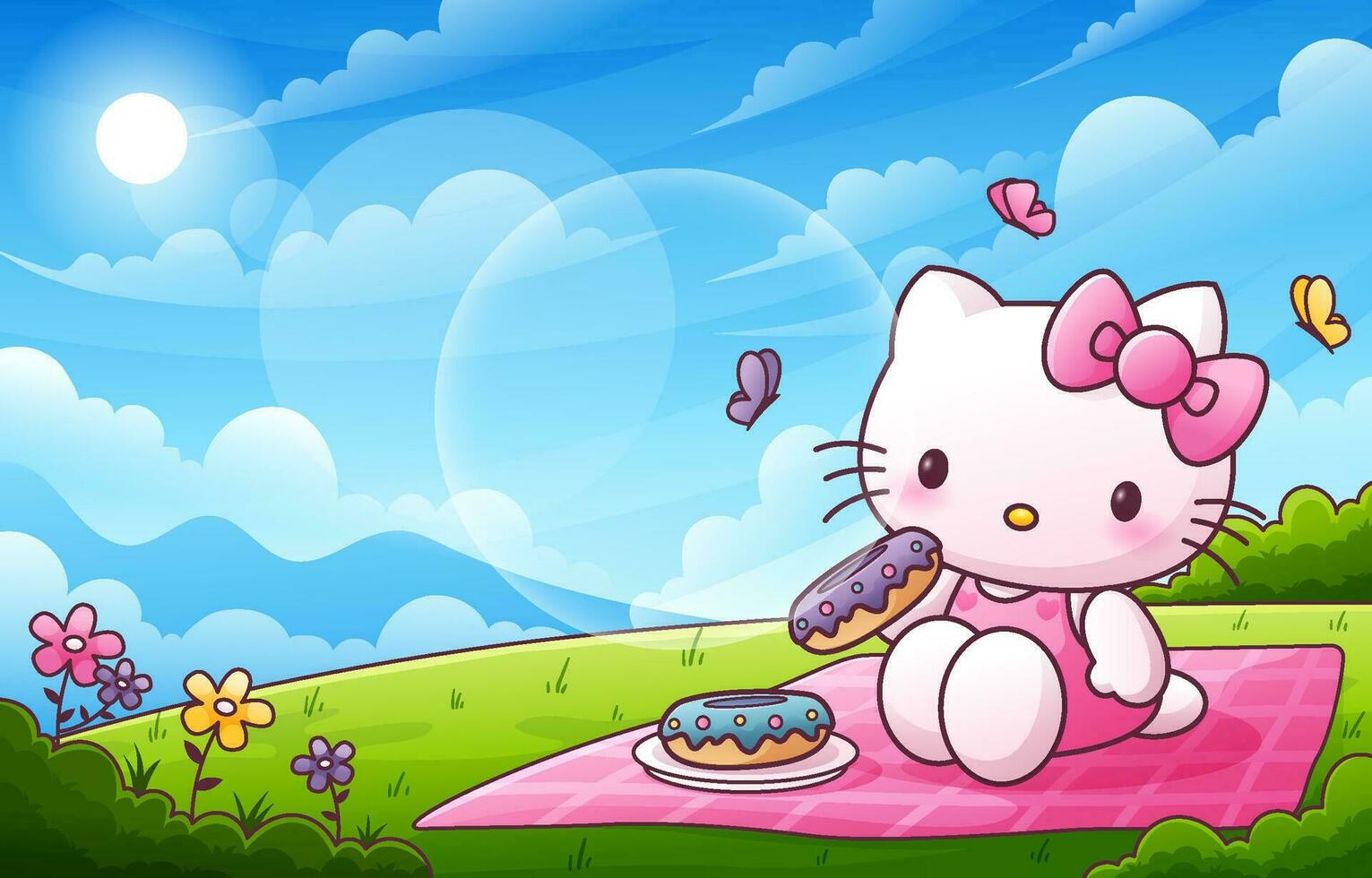 schattig kat picknick en aan het eten donuts vector