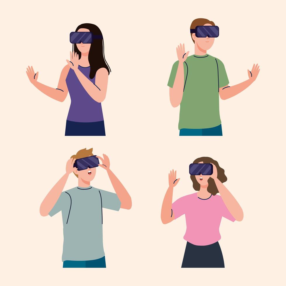 groep van vier jonge mensen die de technologie van virtuele maskers van de werkelijkheid gebruiken vector