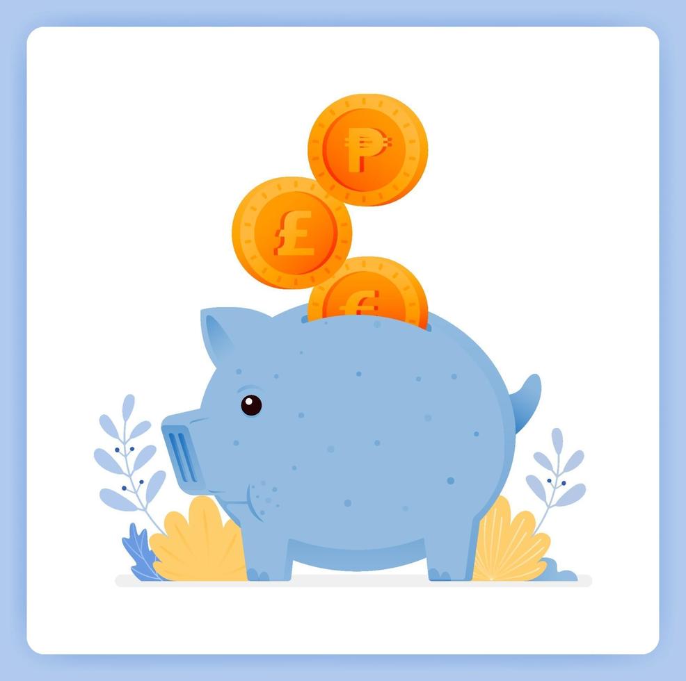 schattig blauw spaarvarken met gestapelde munten, sparen voor investeringen. kan worden gebruikt voor landingspagina's, websites, posters, mobiele apps vector