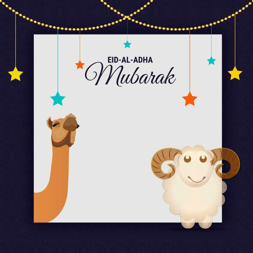 eid-al-adha mubarak groet kaart met illustratie van tekenfilm schaap, kameel en hangende sterren versierd Aan blauw achtergrond. vector