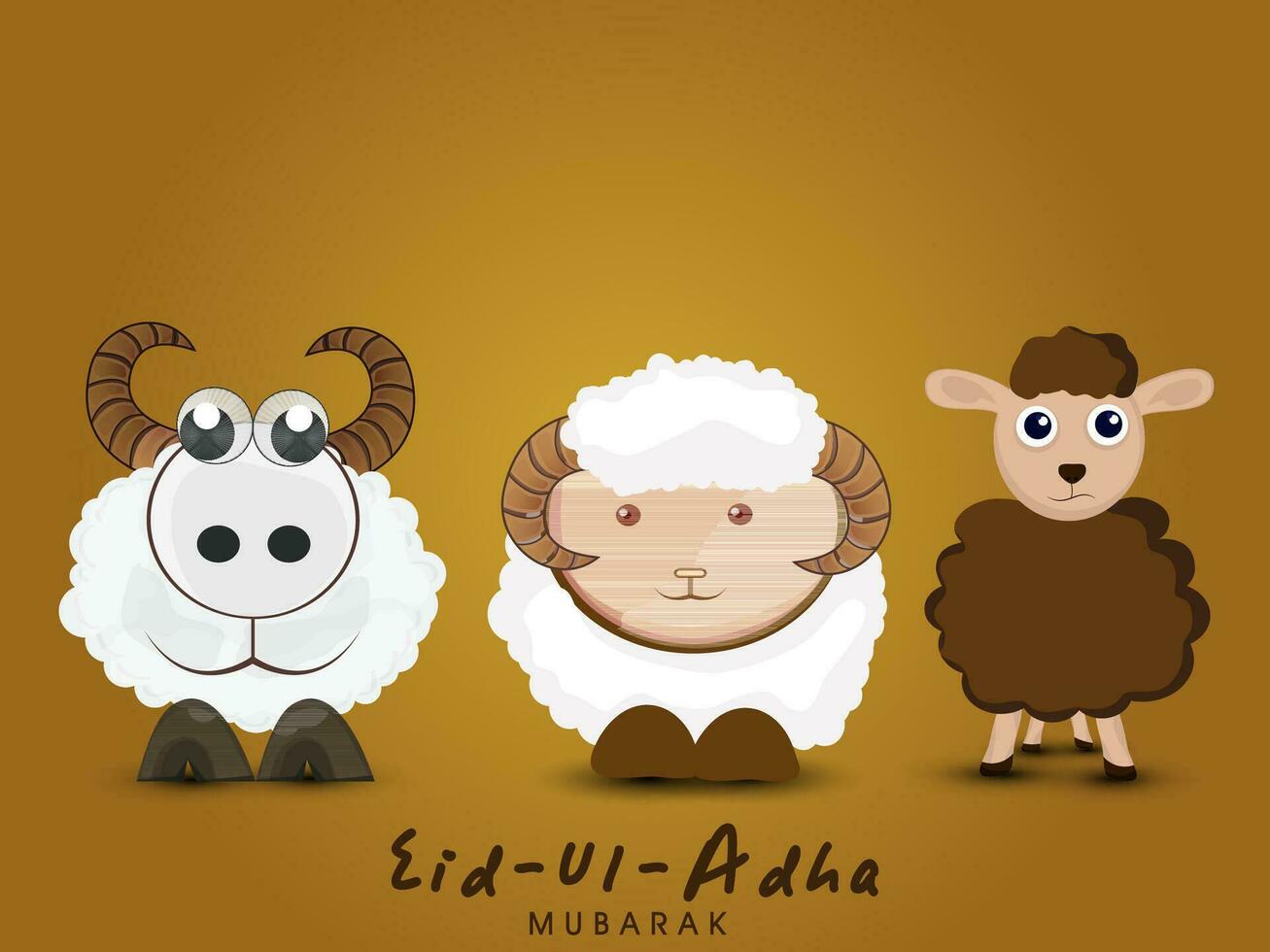 eid-ul-adha mubarak groet kaart met tekenfilm illustratie van drie schapen staand Aan bruin achtergrond. vector