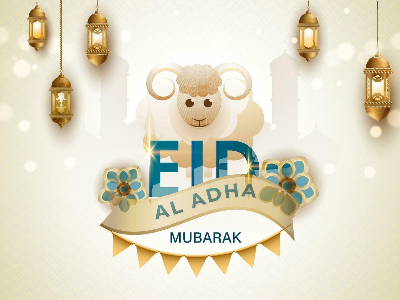 eid-al-adha viering poster of kaart ontwerp met tekenfilm schaap, gouden verlichte lampen hangen Aan silhouet moskee bokeh achtergrond. vector