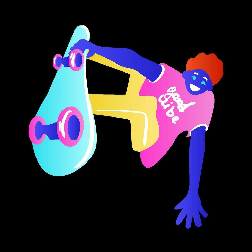 skateboarder Aan zwart achtergrond. de skateboarder Mens is aan het doen een truc. skateboarder in helder neon kleur t-shirt ontwerp. vector illustratie