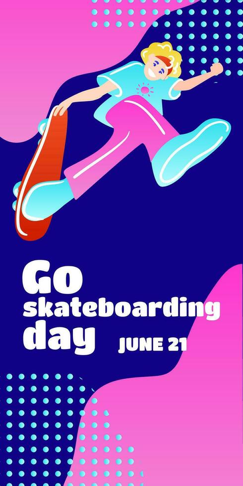 Gaan skateboarden dag. poster ontwerp illustratie. vector illustratie. vlak stijl. verticaal banners en behang voor sociaal media verhalen.