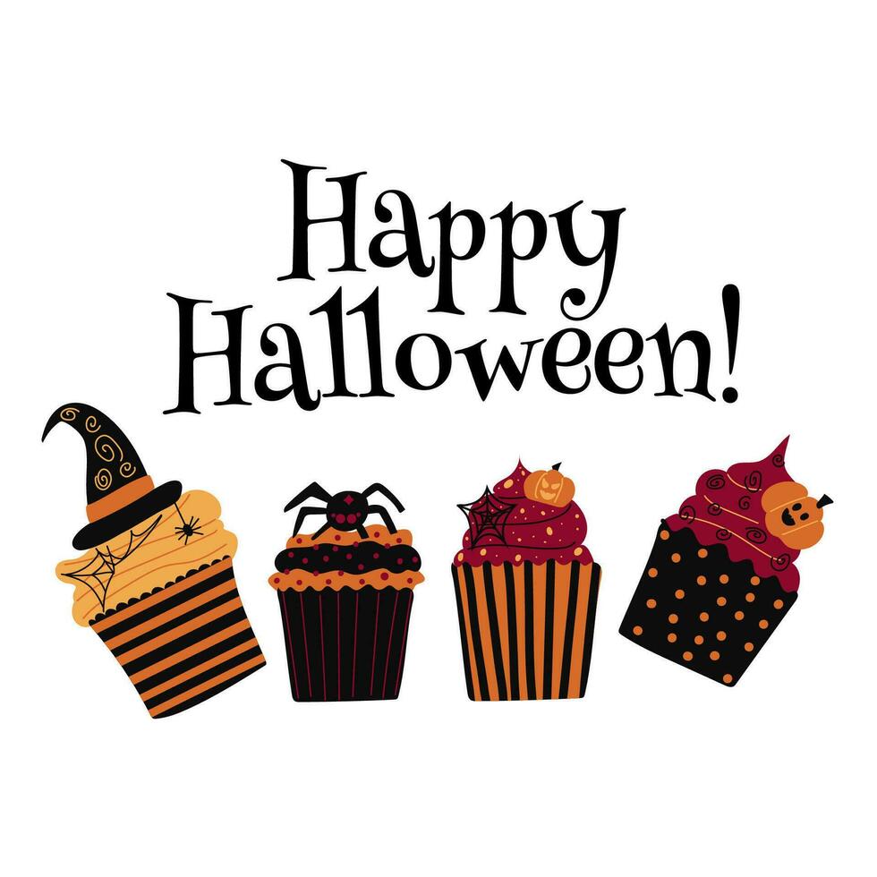 gelukkig halloween koekje kaart. halloween themed cupcakes. vakantie decoratie. boe truc of traktatie. vector illustratie.