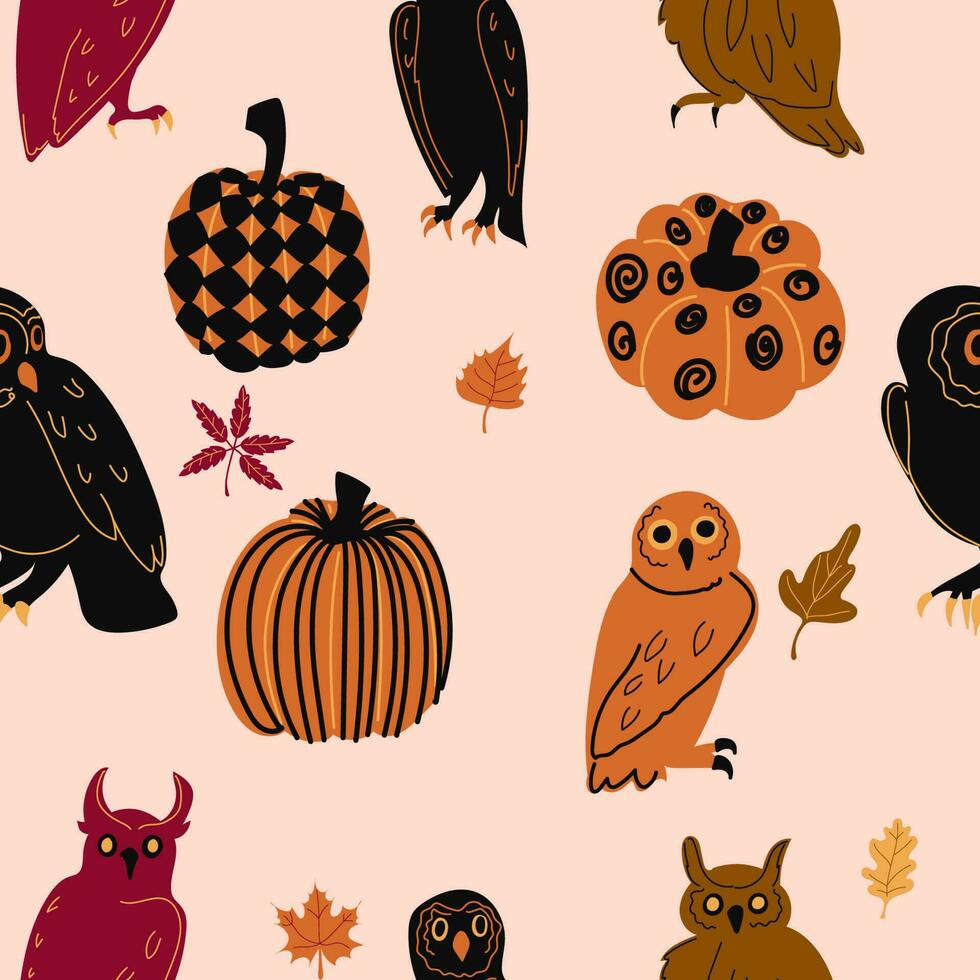 schattig halloween uilen en pompoen naadloos patroon. grappig vakantie kinderen ontwerp voor kleren, kinderkamer decor, papier, omslag, stoffen en halloween partij decoratie vector