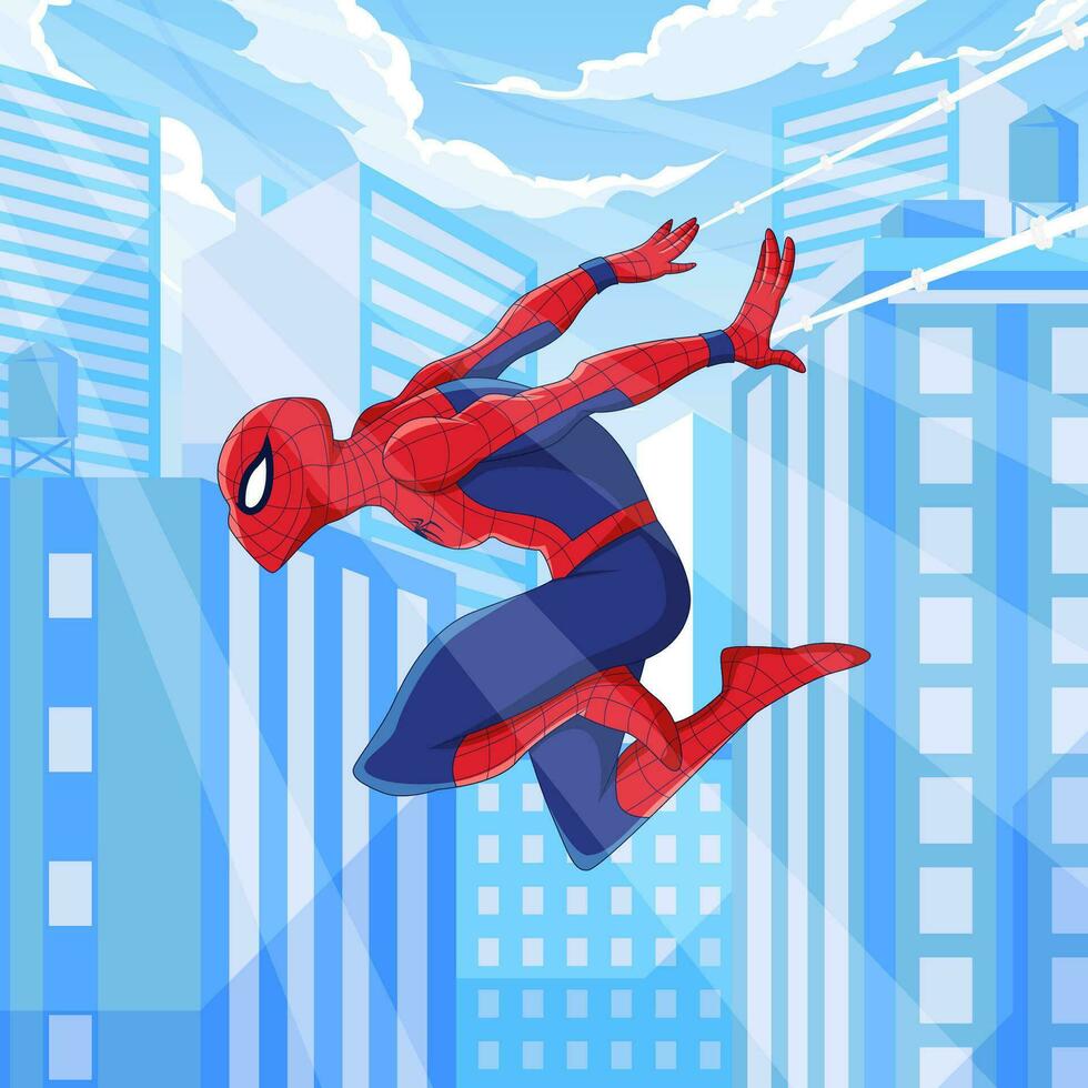 superheld in spin kostuum swinging in de stad vector