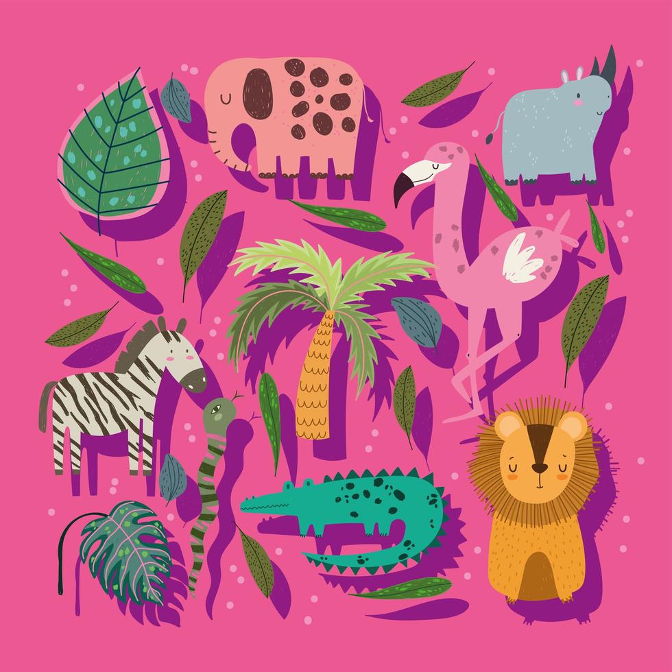 cute cartoon jungle dieren palmboom en bladeren op roze achtergrond vector