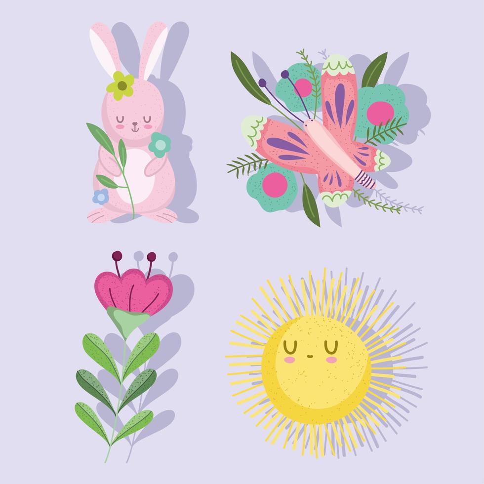 lente konijn vlinder zon bloemen natuur icon set vector