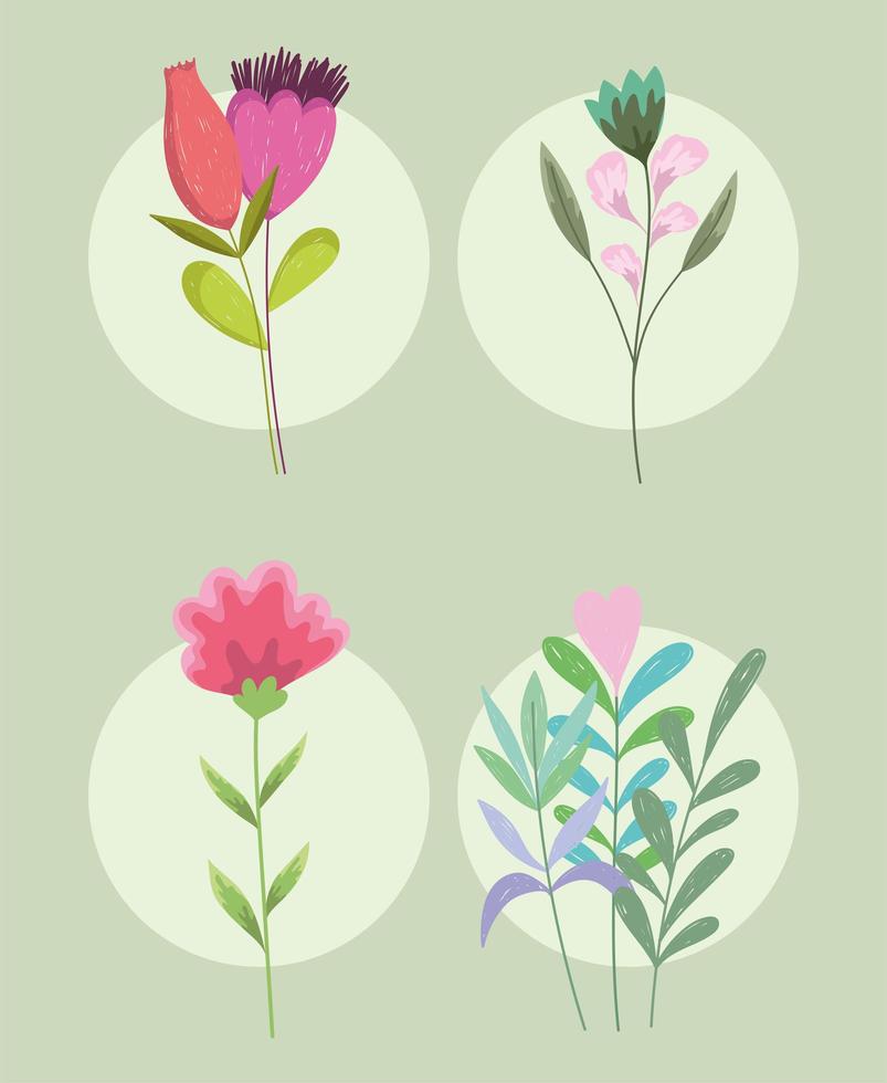 bloemen decoratie bloemen flora natuur gebladerte icon set vector