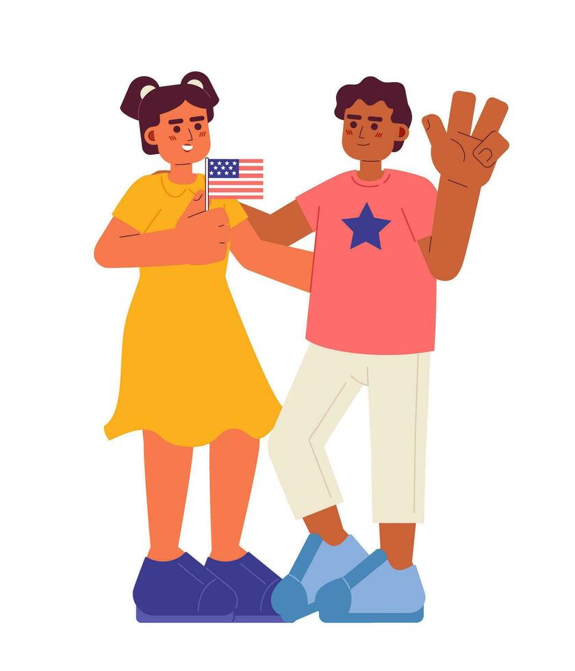 juli 4 kinderen vlak vector plek illustratie. latina meisje en Afrikaanse Amerikaans jongen vieren Amerika onafhankelijkheid dag 2d tekenfilm tekens Aan wit voor web ui ontwerp. geïsoleerd bewerkbare held beeld