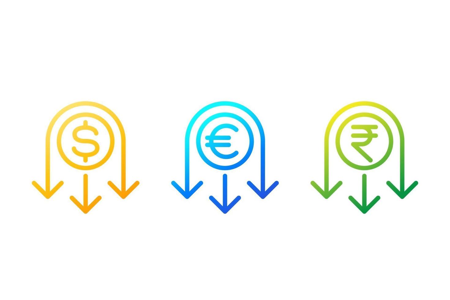 kosten lijn pictogram met dollar, euro en roepie verlagen vector