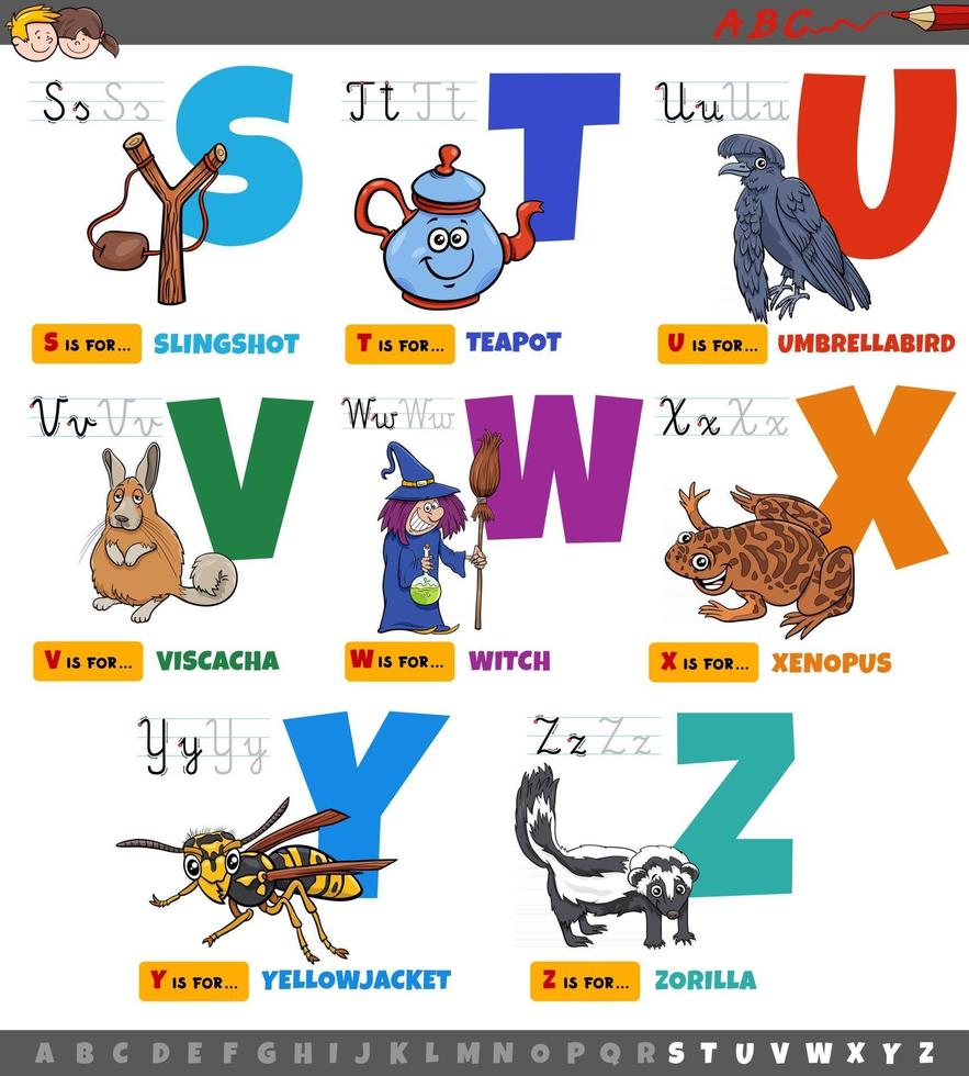 educatieve cartoon Alfabetletters voor kinderen van s tot z vector