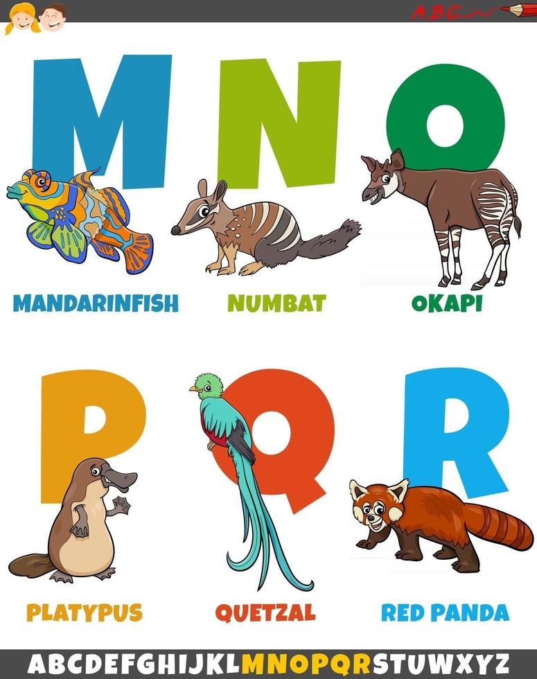 cartoon alfabet set met grappige dieren karakters vector