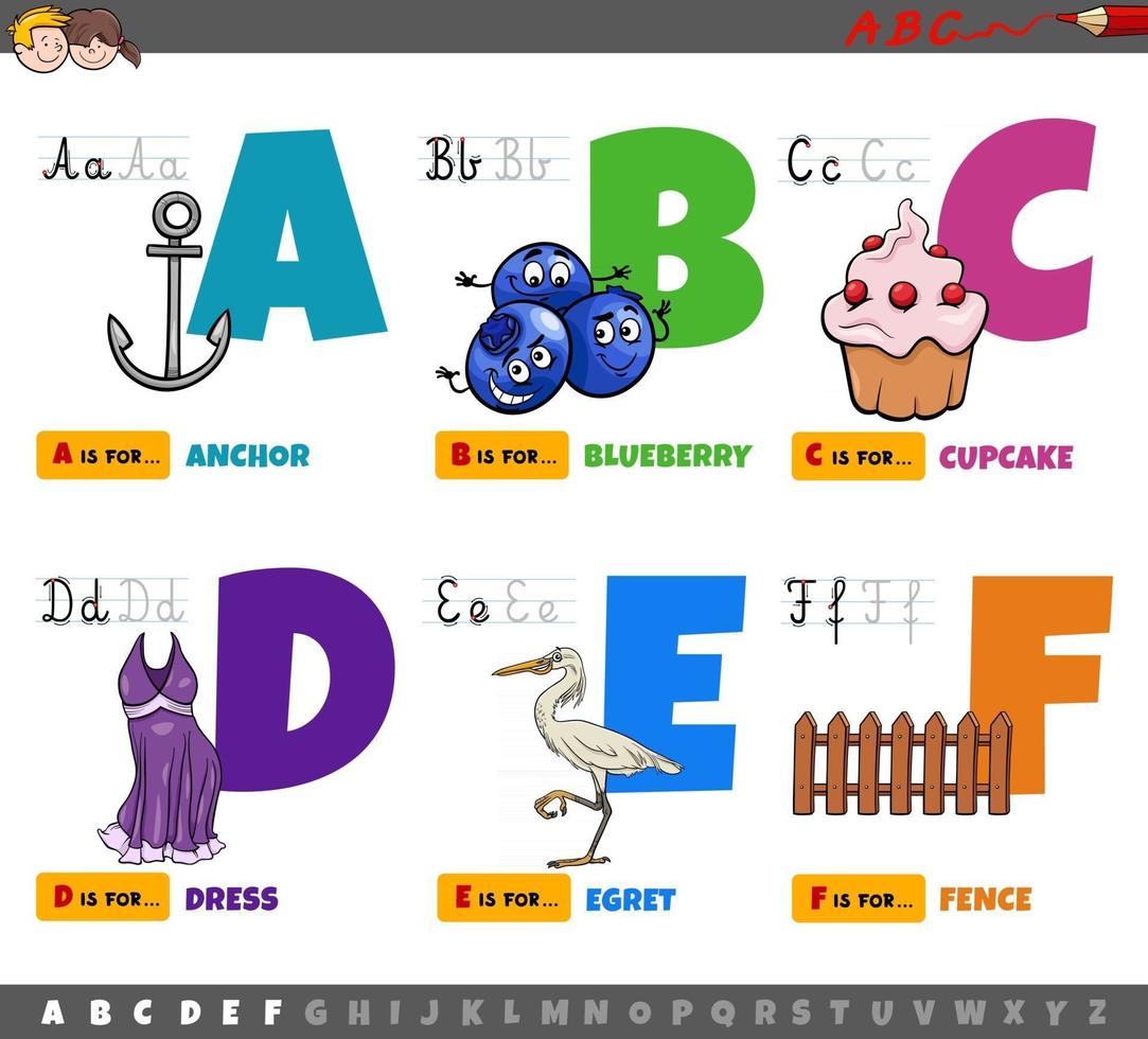 educatieve cartoon Alfabetletters voor kinderen van a tot f vector