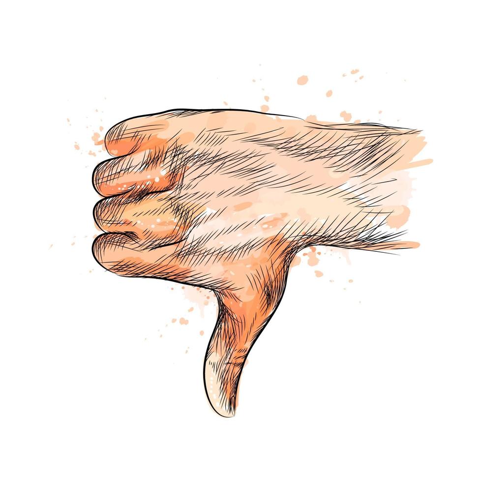 handgebaar duim omlaag hand uit een scheutje aquarel hand getrokken schets vectorillustratie van verf vector