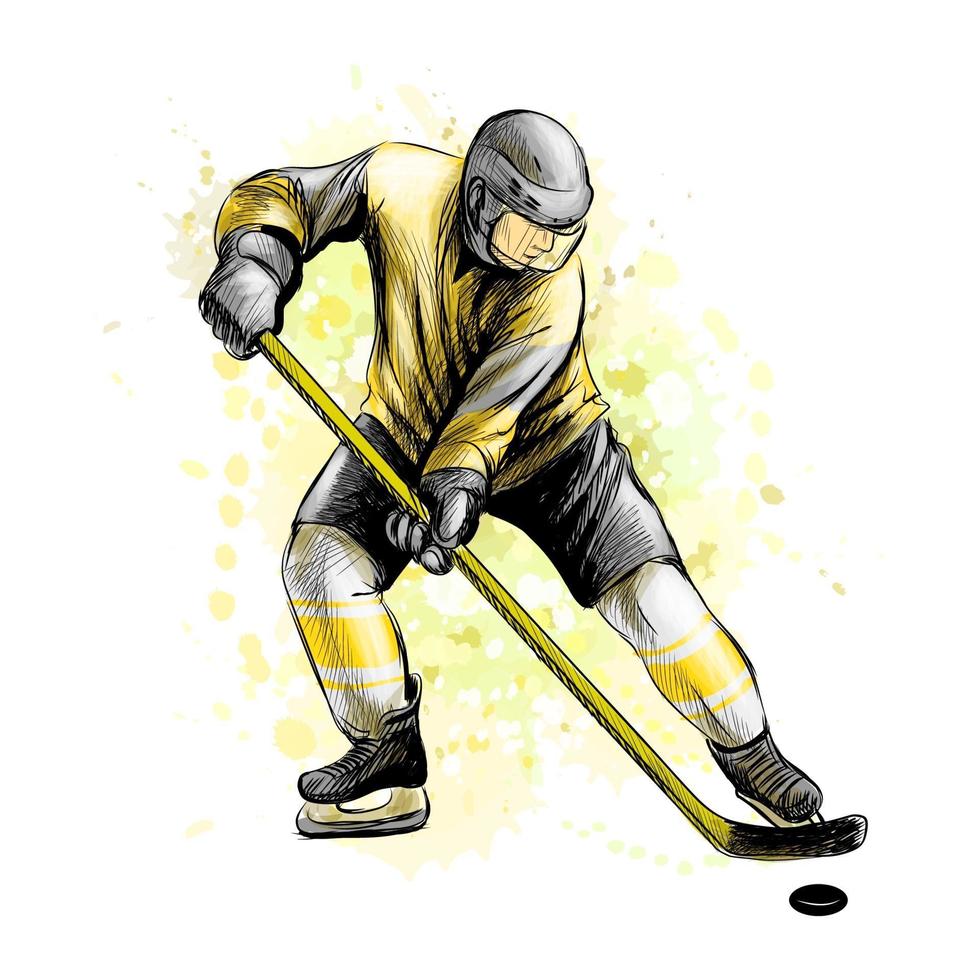 abstracte hockeyspeler uit splash van aquarellen hand getrokken schets wintersport vectorillustratie van verf vector