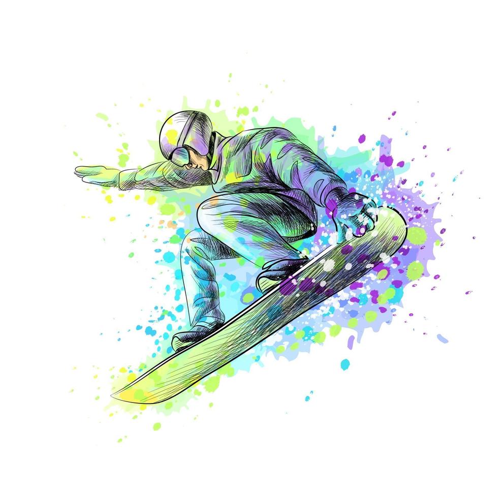 abstracte snowboarder uit een scheutje aquarel hand getrokken schets vectorillustratie van verf vector