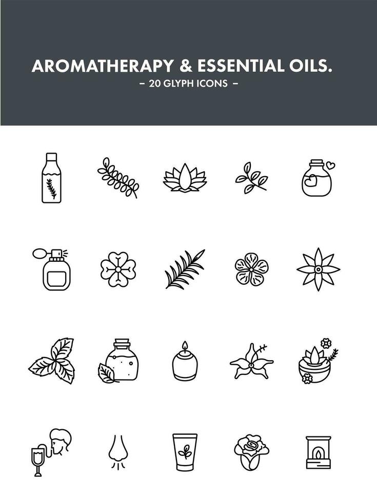 aromatherapie en essentieel oliën icoon reeks in zwart lijn kunst. vector