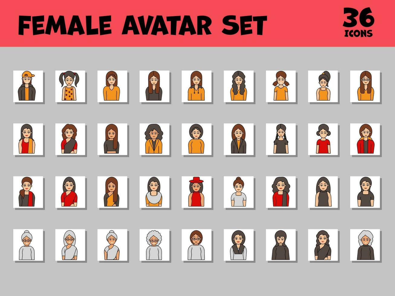vrouw avatar icoon reeks Aan grijs en wit plein achtergrond. vector