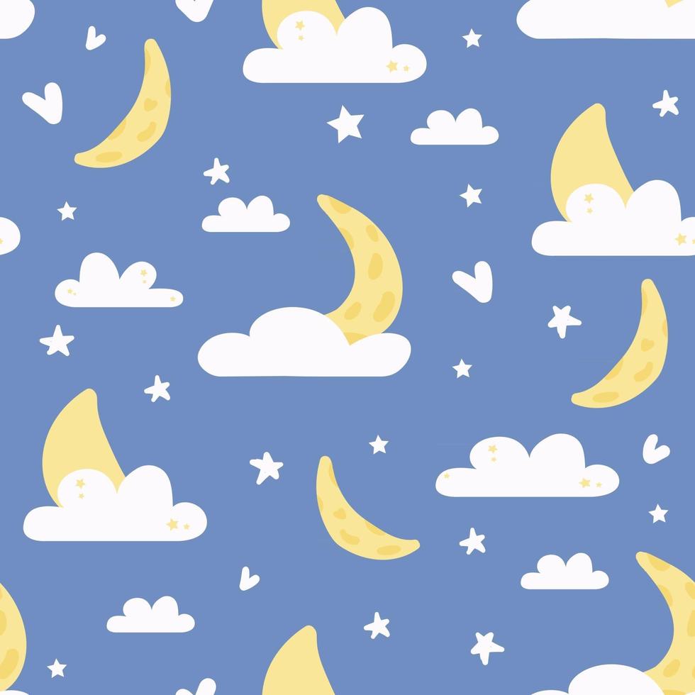 naadloze patroon met schattige illustratie van nacht sterrenhemel met wolken en maan vector