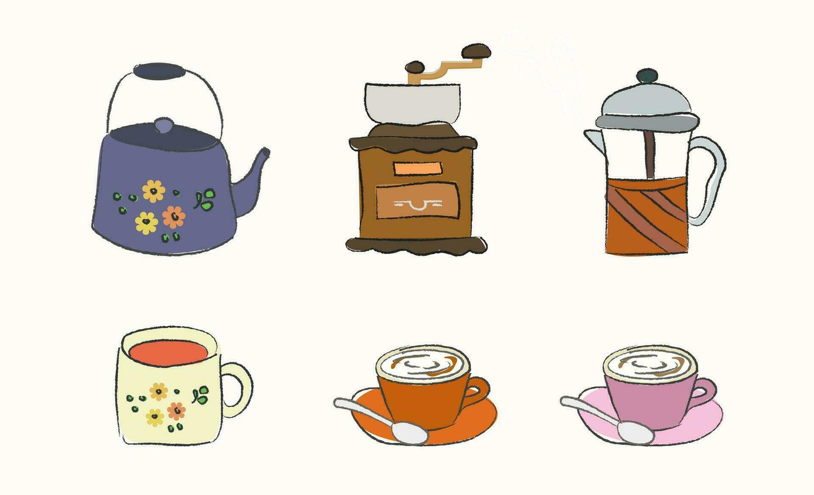 reeks van koffie en thee elementen verzameling. koffie benodigdheden pictogrammen. maken koffie. Frans druk op, koffie makers, beker, pot, Slijper, thee kop en theepot. object, accessoire, stijl pictogrammen. vector illustratie