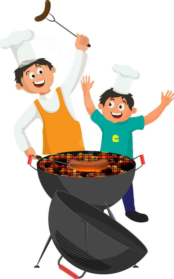 gelukkig jongens Holding vork voor worst maken door barbecue grillen. vector