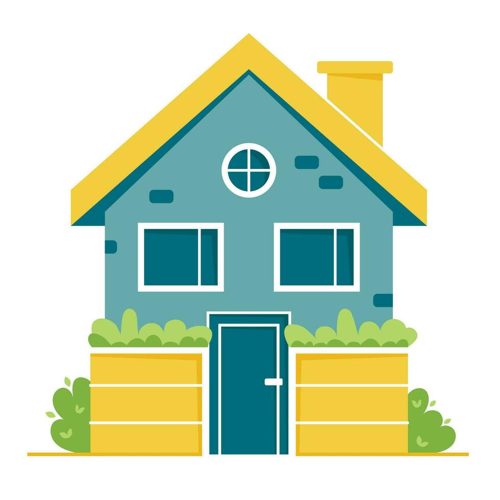 kleurrijk huis met groen planten in een vlak stijl. leven in de land huis, Bij de huisje. oranje en blauw. geïsoleerd beeld Aan wit achtergrond. vector