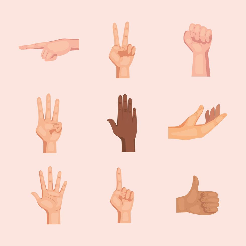negen interraciale handen mensen signalen set pictogrammen vector