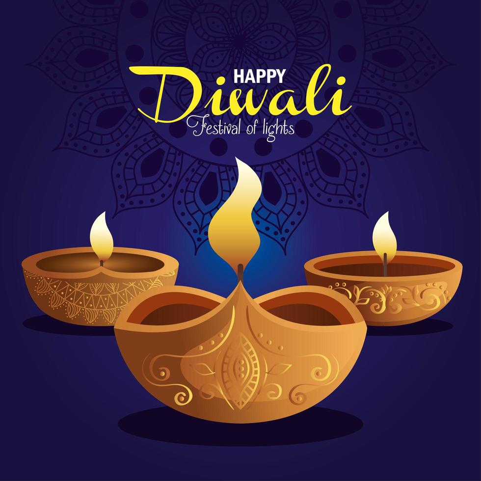 gelukkige diwali diya kaarsen met mandala op blauw vectorontwerp als achtergrond vector